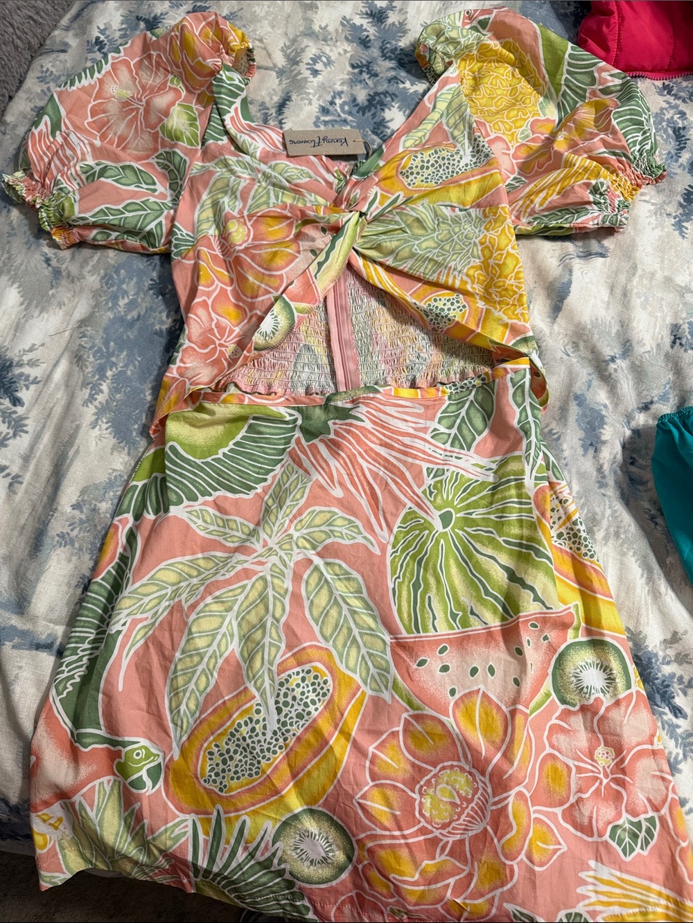 Kenny Flowers Peach, Green & Yellow Tropical Cutout Dress